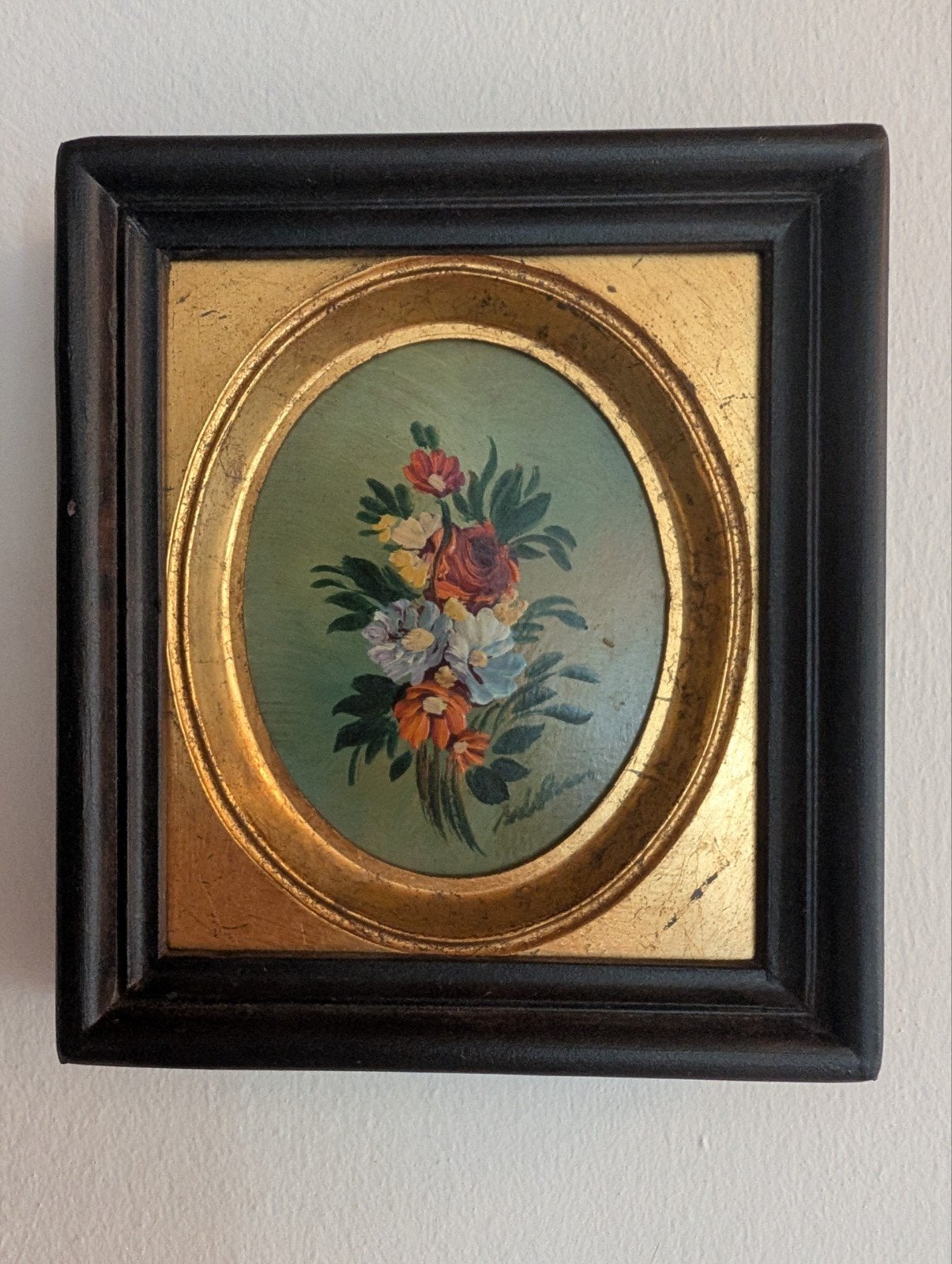 Vintage Bloemen Schilderij in Ovale Lijst, Bloemen, Ingelijst, Realistisch, Ophalen of Verzenden