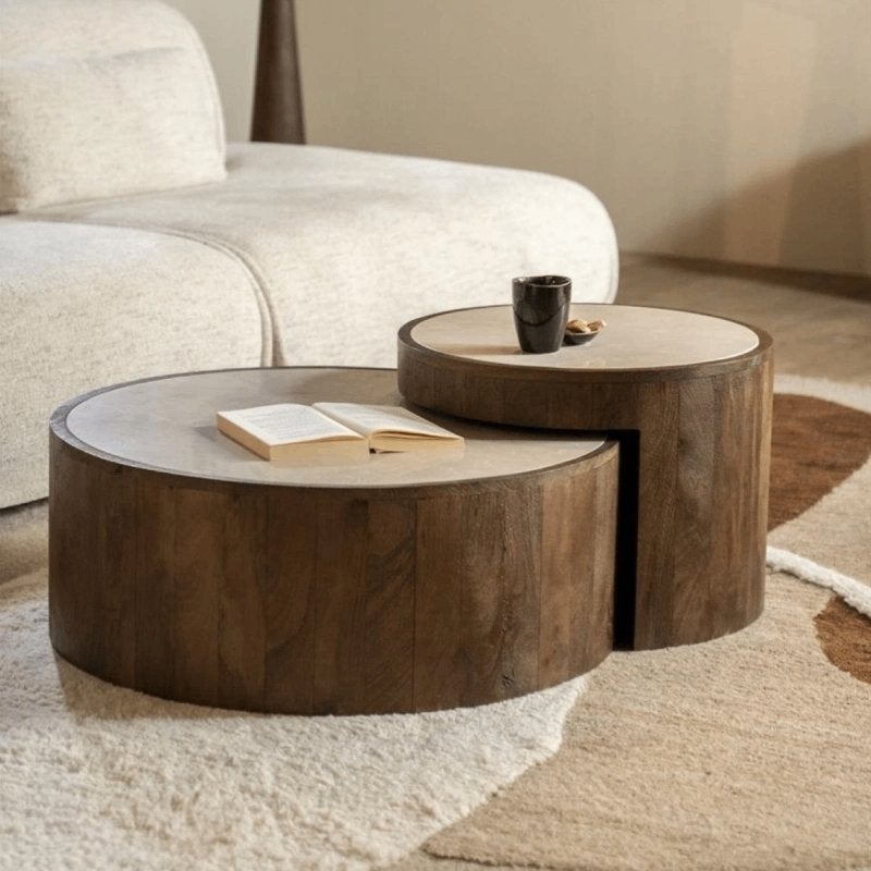 Eleonora Hazel salontafel set van 2: marmer + mangohout, 50 tot 100 cm, Rond, Nieuw, Overige houtsoorten
