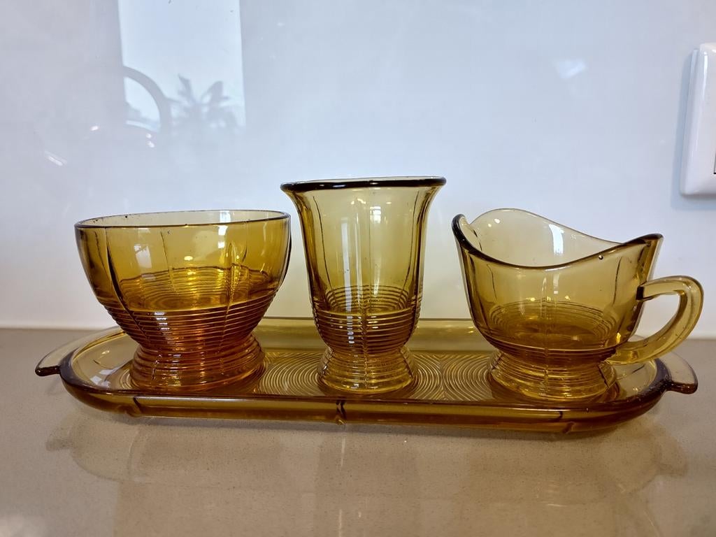 Roomstel Leerdam art deco persglas 4-delig, Antiek en Kunst, Antiek | Glas en Kristal, Ophalen of Verzenden