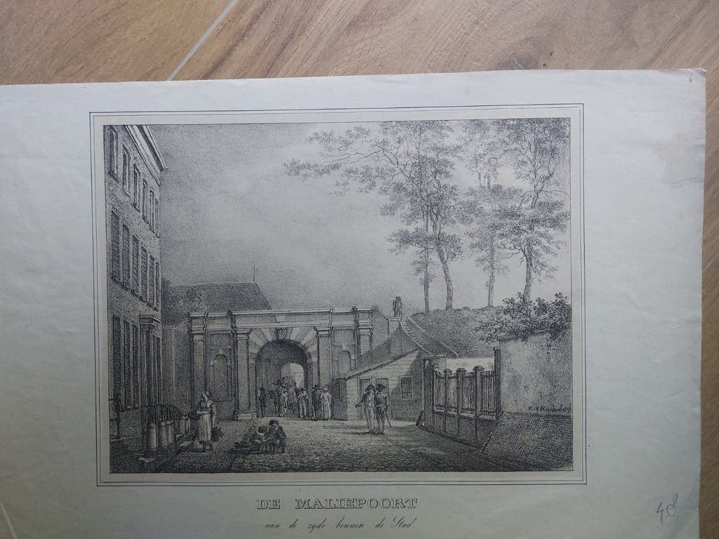 6 / Maliepoort in de stad Utrecht Originele steendruk 1830, Antiek en Kunst, Gesigneerd in de plaat, Ophalen of Verzenden, Kaarten en plattegronden