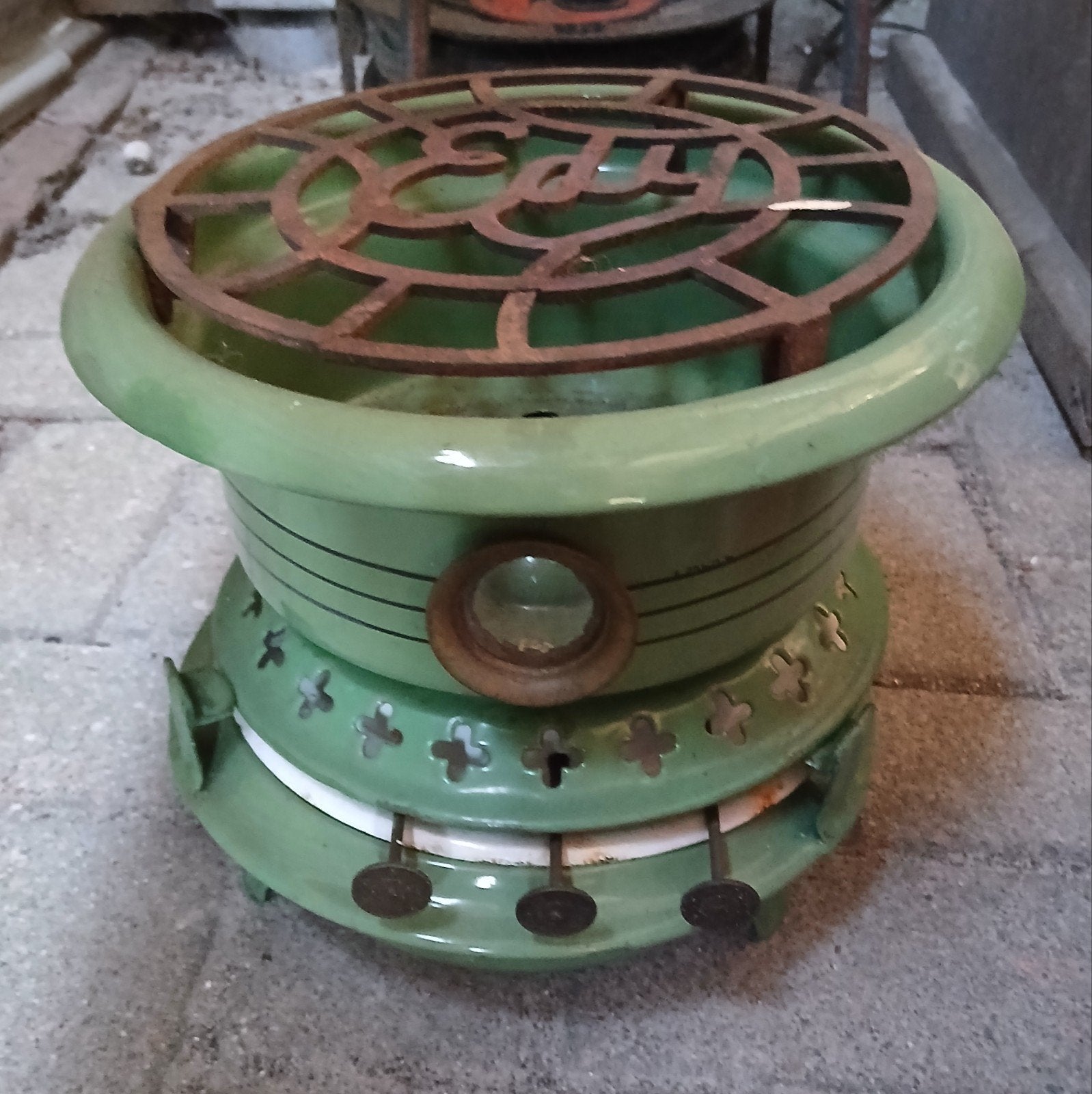 Emaille oud antiek vintage petroleumstel groen 3-pits (nood), Ophalen of Verzenden