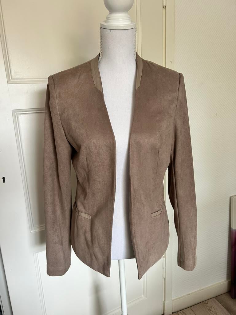 Oxana Taupe Suèdelook Blazer – Lederen Bies – Maat L, Bruin, Maat 42/44 (L), Ophalen of Verzenden, Jasje