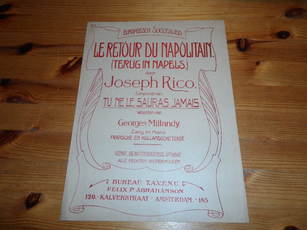 Le retour du napolitain - joseph rico - terug in napels, Piano, Gebruikt, Ophalen of Verzenden, Artiest of Componist