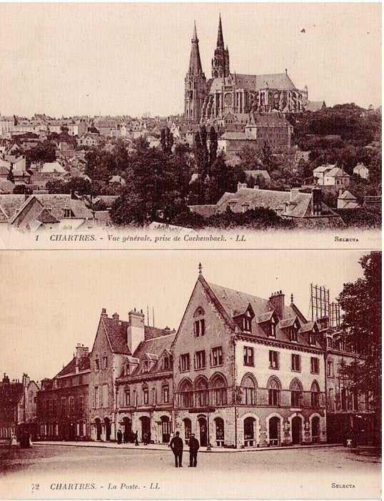Oude Ansichtkaart Chartres: Kathedraal en Postkantoor, Verzenden, 1920 tot 1940, Ongelopen, Frankrijk