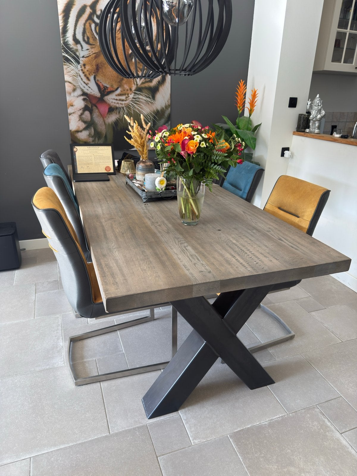 Robuuste eettafel eikenhout 220x100 met 6 stoelen, Ophalen, Gebruikt, Eikenhout, 50 tot 100 cm