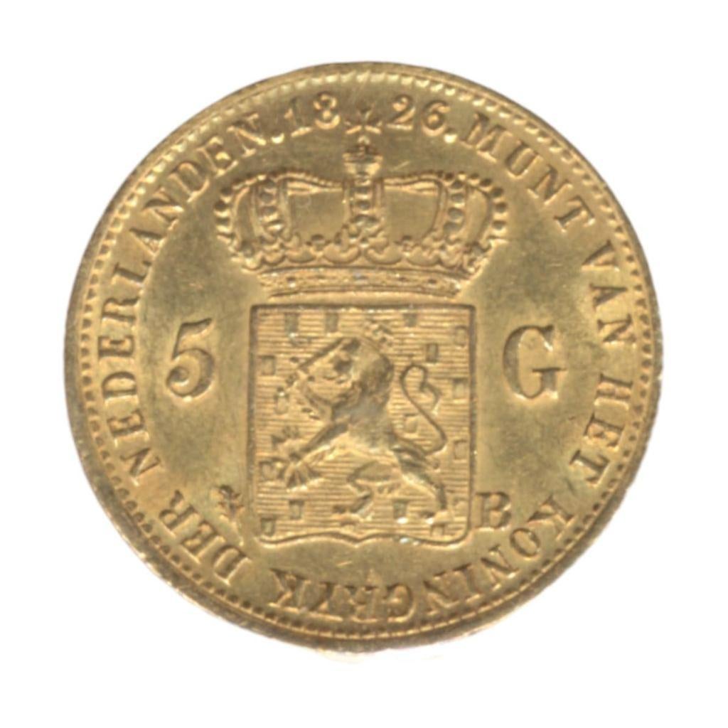 Nederland 5 Gulden 1826 Brussel Koning Willem 1 prachtig, Ophalen of Verzenden, Goud