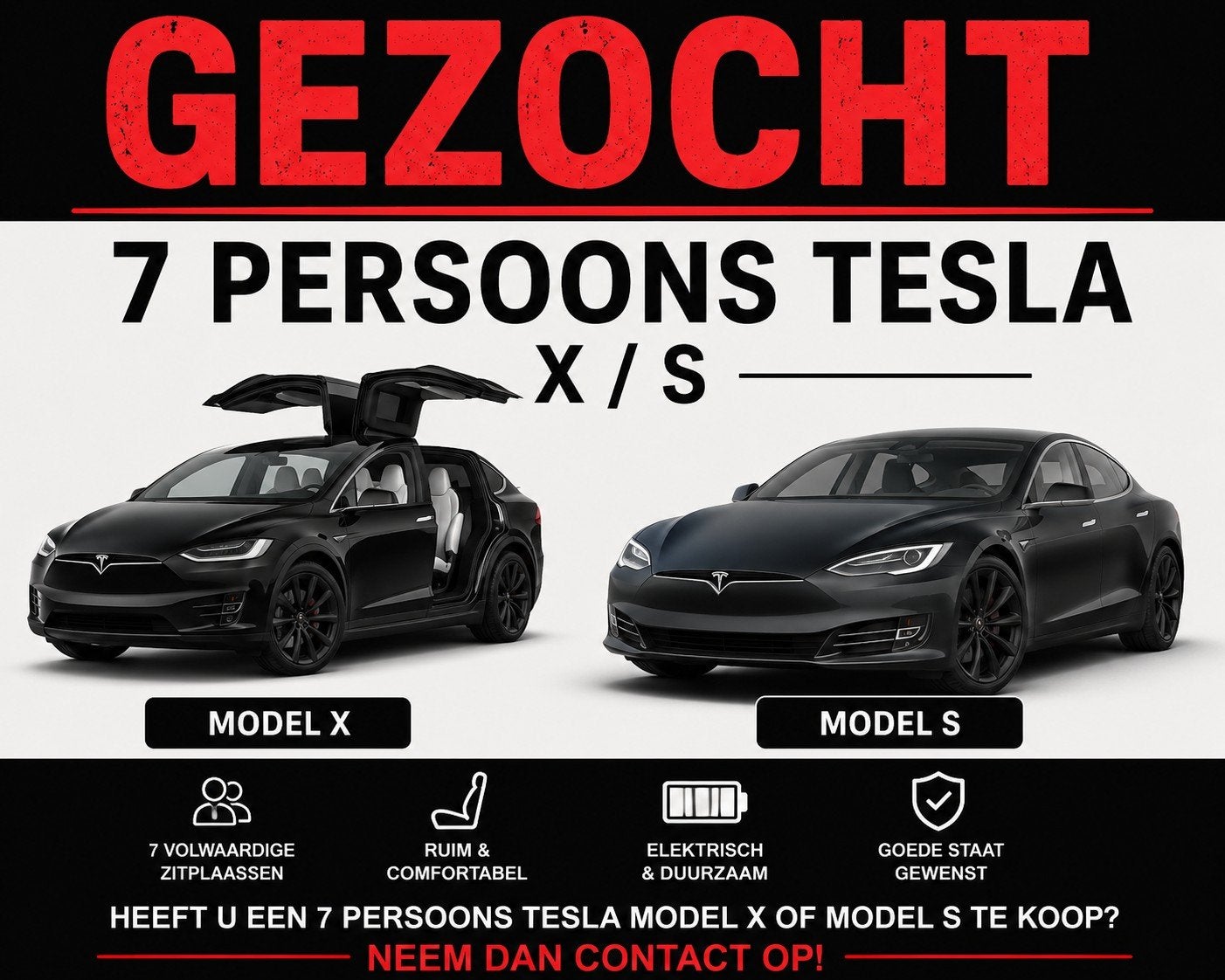 Gezocht Tesla 7 zitplaatsen 7p model s/x, Auto diversen, Ophalen