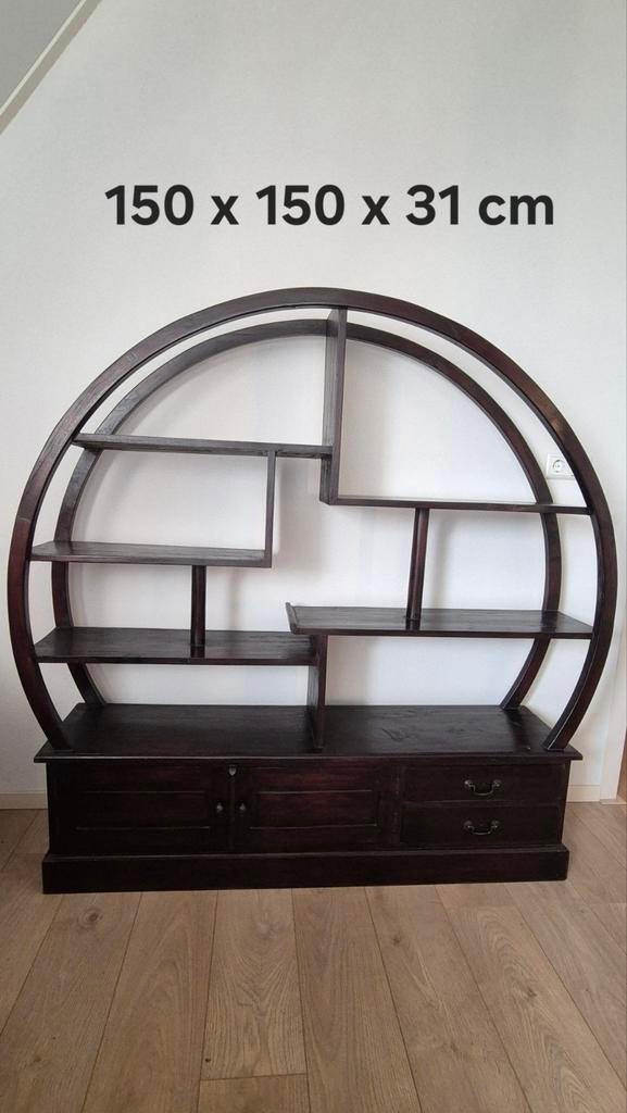 Ronde Aziatische kast vakkenkast teakhout chinese eyecatcher, 100 tot 150 cm, Teakhout, 25 tot 50 cm, Ophalen