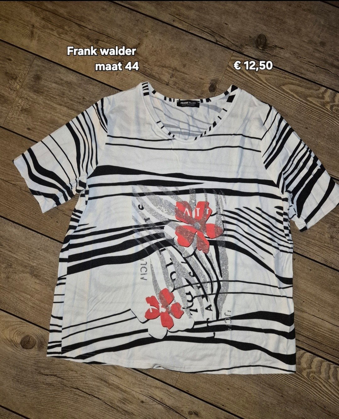 Frank Walder T-shirt maat 44 met bloemenprint, Zwart, Maat 42/44 (L), Ophalen of Verzenden, Korte mouw