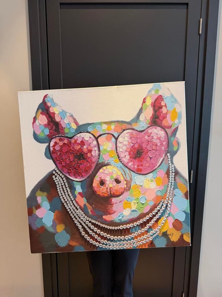 Super Gaaf Schilderij met Varken en Hartjesbril, Ophalen of Verzenden