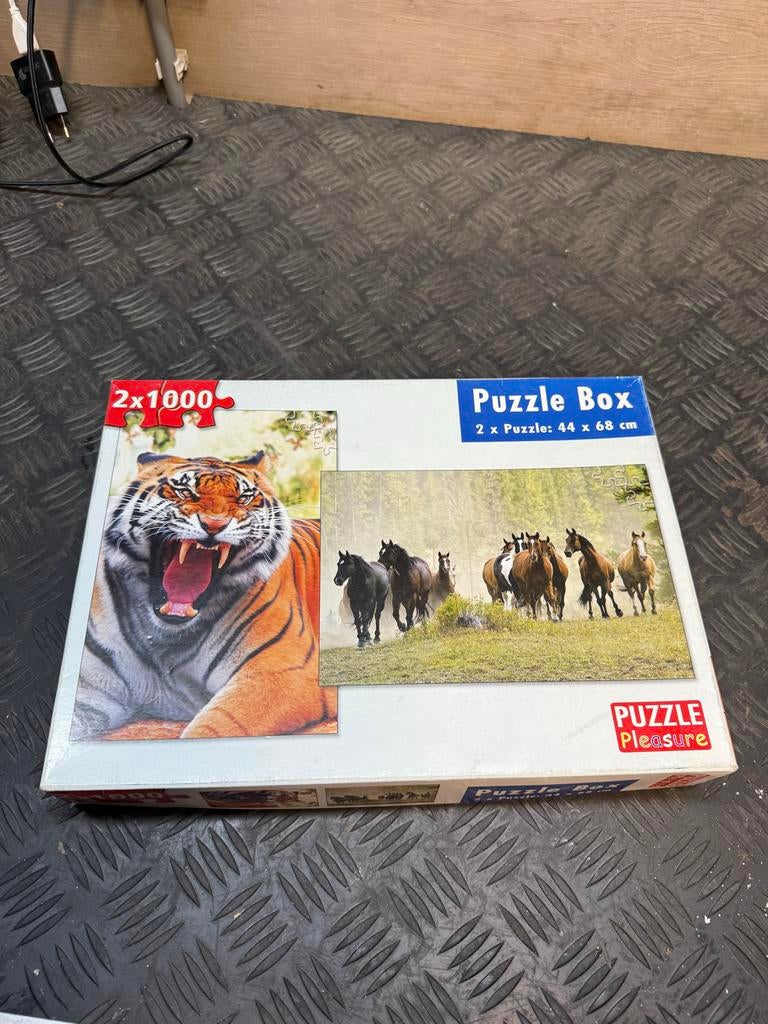 Puzzle Box 2x1000 stukjes: Tijger & Paarden, Ophalen of Verzenden, Meer dan 50 stukjes, Nieuw, 6 jaar of ouder