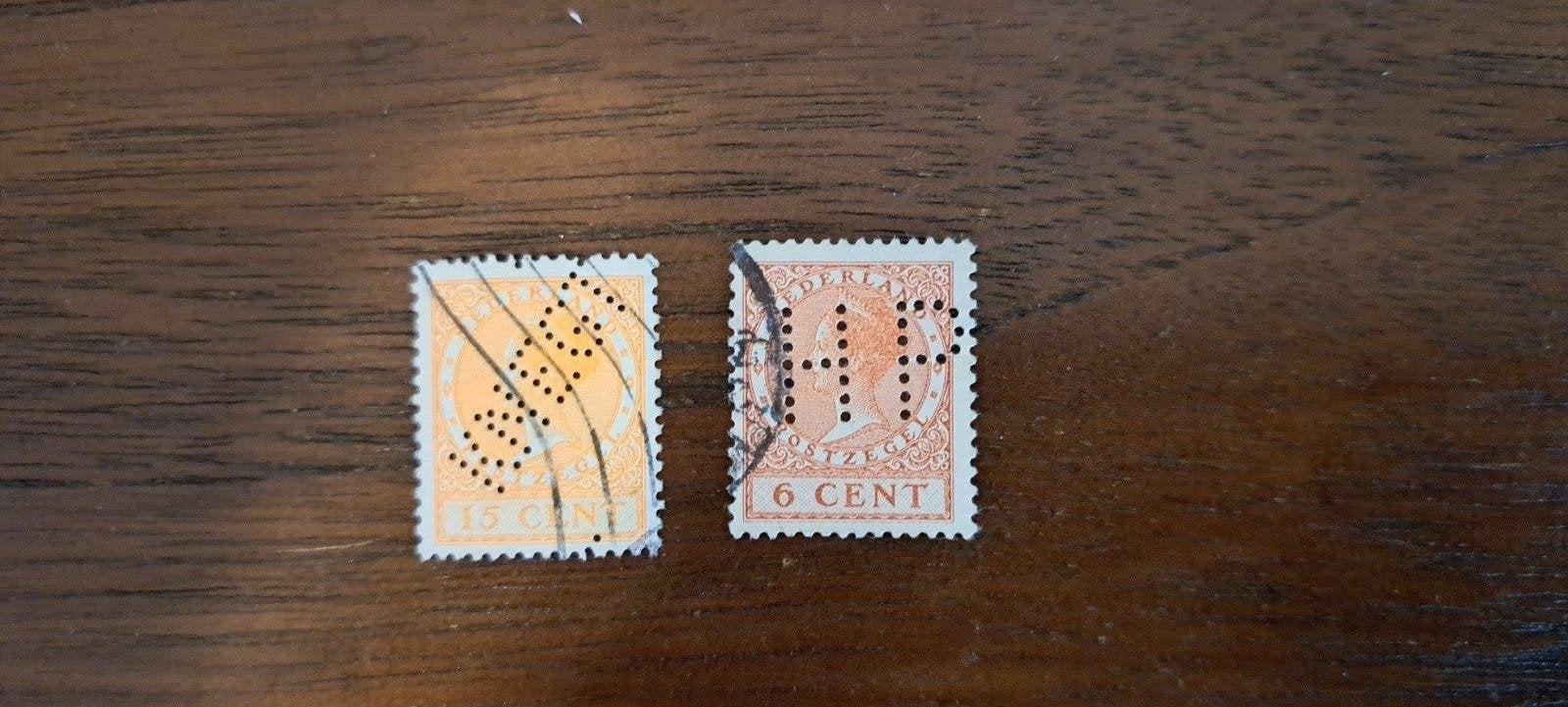 Nederland 2 perfins   6 cent en 15 cent, Ophalen of Verzenden, T/m 1940, Gestempeld