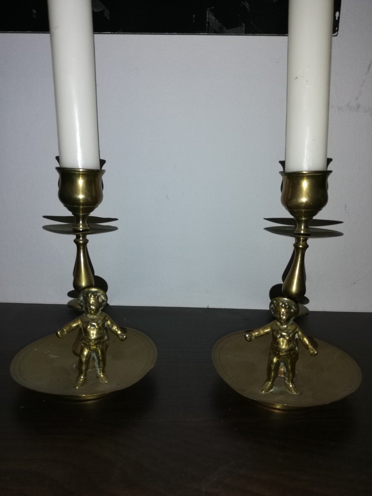Antieke brons kandelaars met kaarsen, Ophalen, Koper of Brons