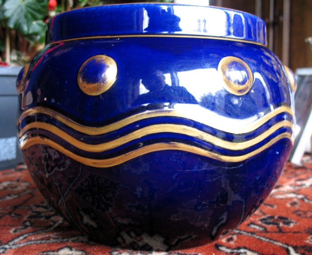 vintage! aardenwerken kobaltblauwe cache  -pot sierpot, Ophalen, Gebruikt, Rond, Balkon
