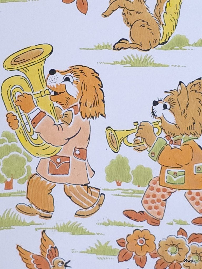 5430 jaren 60 kinderbehang met dieren en muziek swiet, Ophalen of Verzenden, Bruin