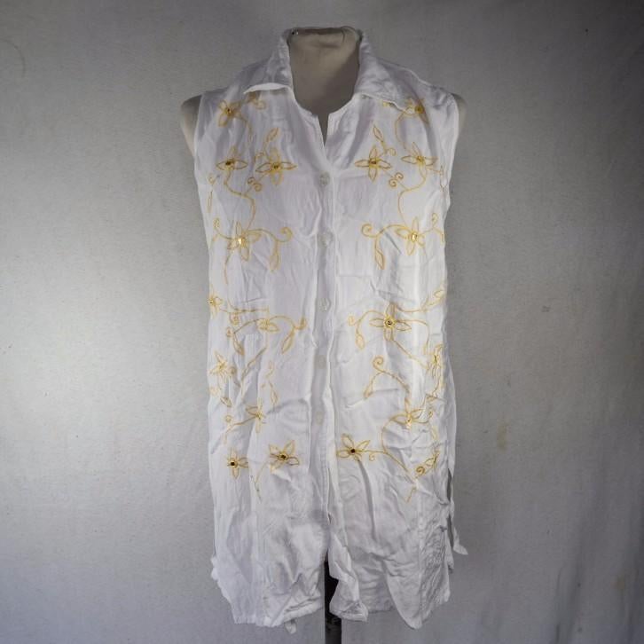 Mooie lange witte blouse.Geel versierd.Mt L.Merk Alma Mater, Kleding | Dames, ., Geel, Maat 42/44 (L), Ophalen of Verzenden