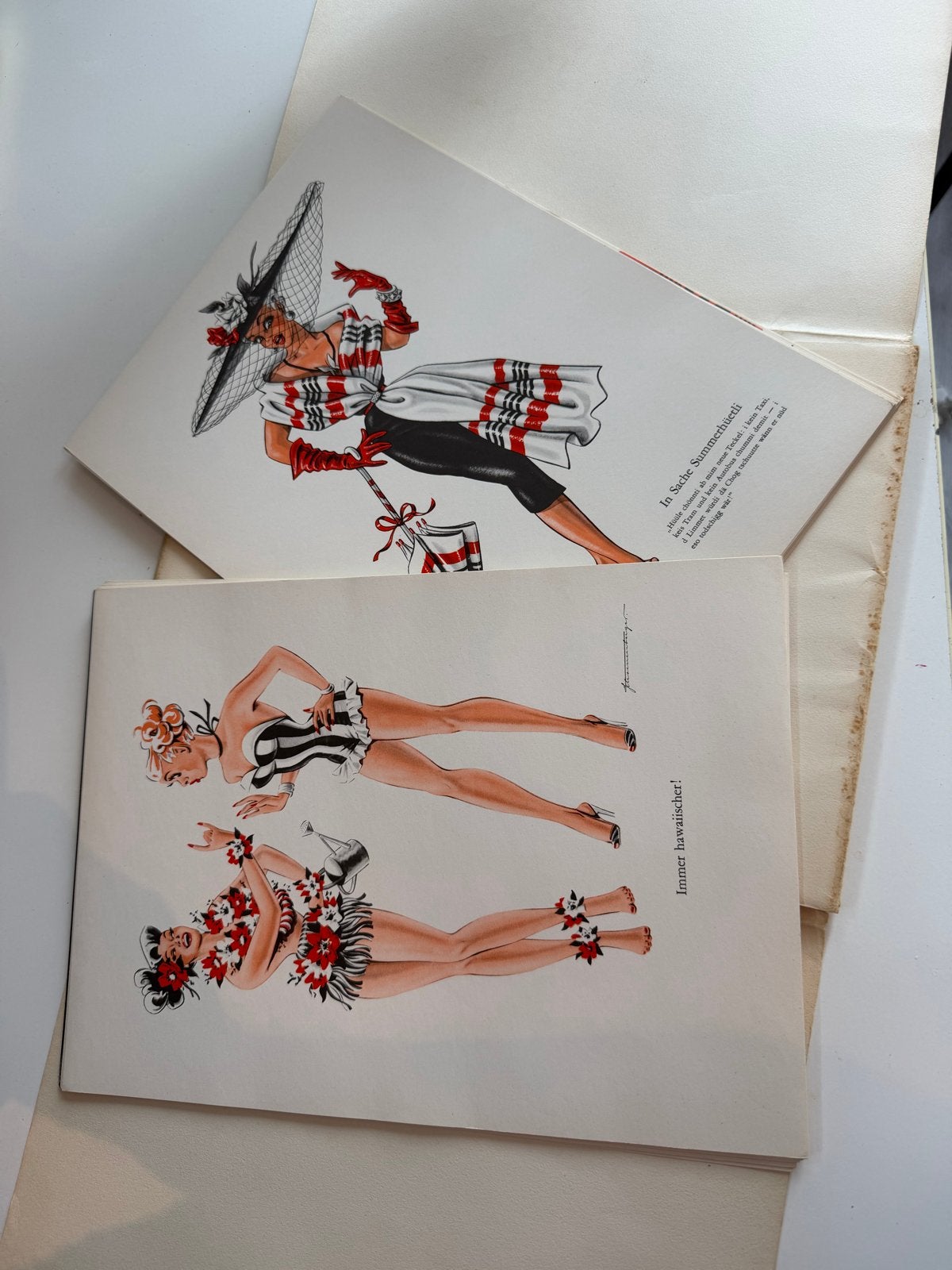 Vintage Schoenenbergerli Prenten - Modekarikaturen 1953, Gebruikt, Ophalen of Verzenden, 1940 tot 1960, Prent
