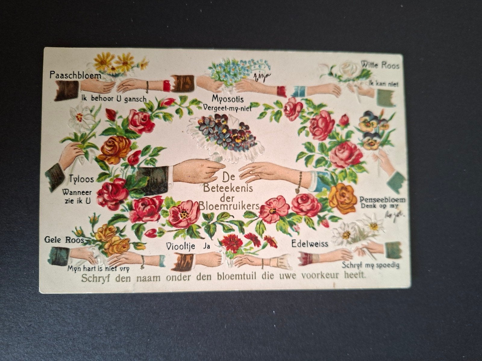 Reliëfkaart, De Beteekenis der Bloemruikers, Verzenden, Voor 1920, Gelopen, Overige thema's