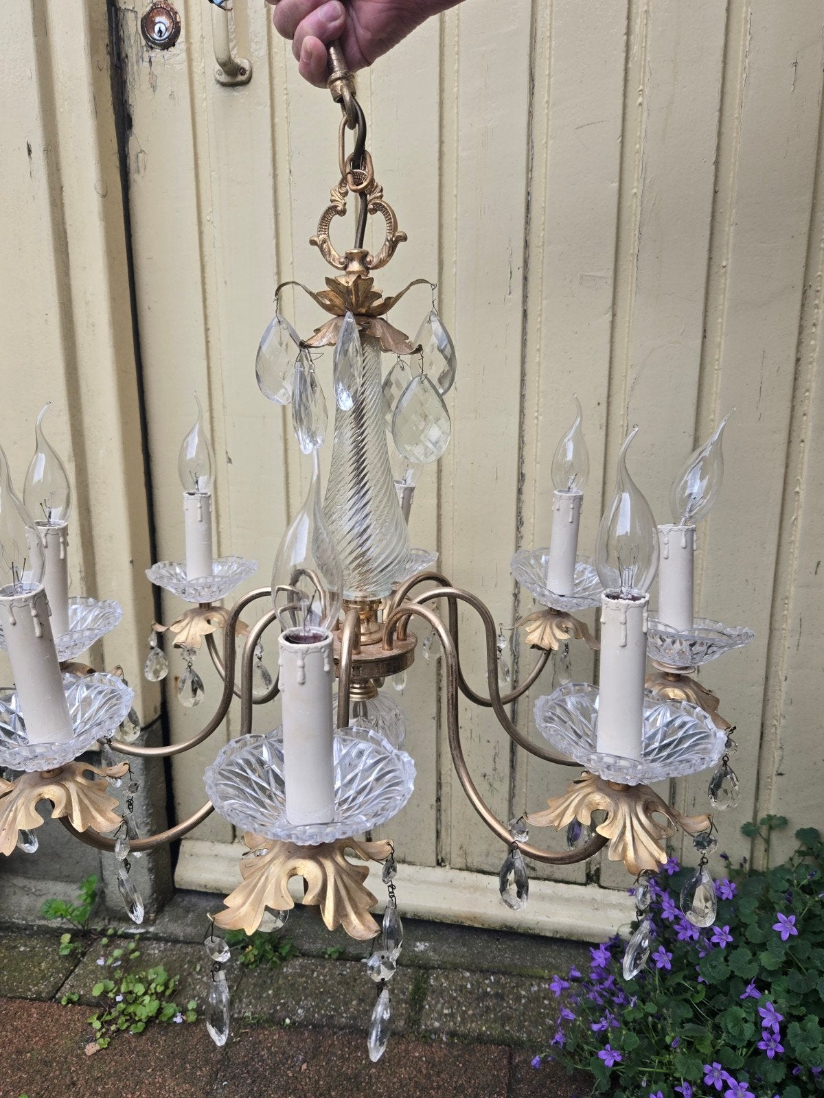 Vintage kroonluchter met kristalglas • mooie opknapper • DIY, Ophalen, Gebruikt, Metaal, Barok