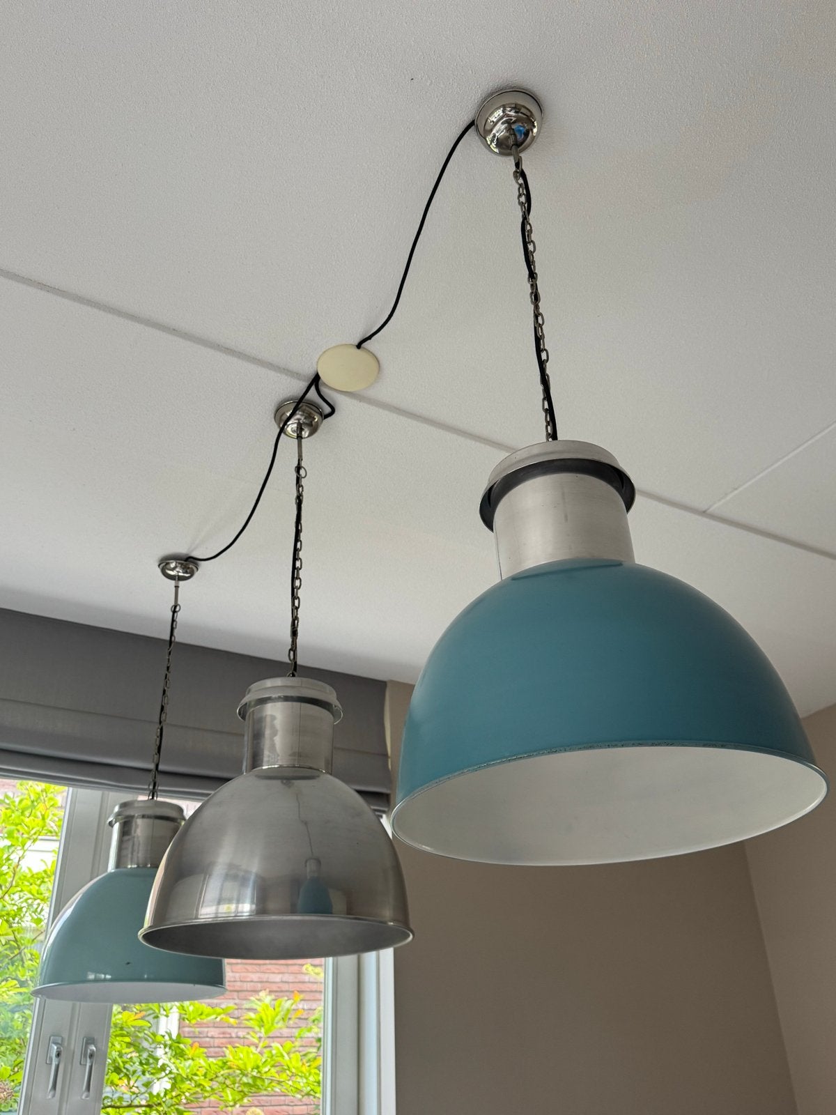 Set van 3 industriële hanglampen, diverse kleuren, Ophalen, Gebruikt, Metaal, E27 (groot)