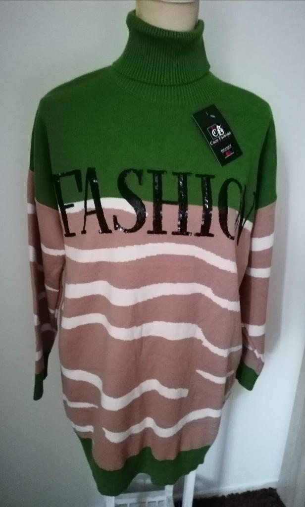 SUPER LEUKE lange coltrui groen/beige en pailletjes, Kleding | Dames, Ophalen of Verzenden, Nieuw, Maat 42/44 (L), Overige kleuren