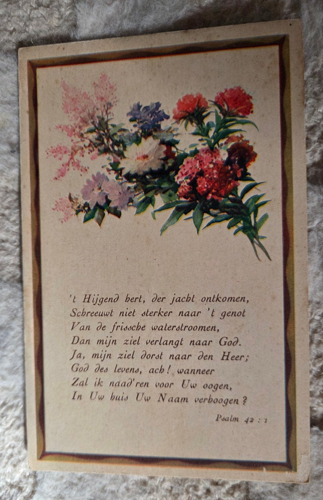 Oude ansichtkaart met bloemen en Psalm 42:1, Verzenden, Voor 1920, Ongelopen, Overige thema's