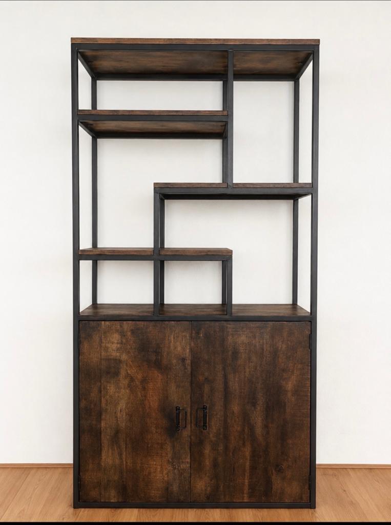 Industriële Kast Mangohout Zwart Staal 210x110x40 cm, Huis en Inrichting, Kasten | Boekenkasten, Ophalen, 100 tot 150 cm, 200 cm of meer