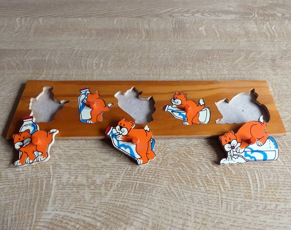 Vintage puzzle poezen katten houten puzzel poes puzzeltje, Gebruikt, Ophalen of Verzenden, Van hout, 4 tot 6 jaar