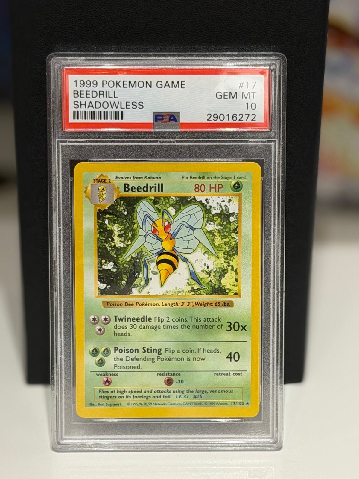 1999 Pokémon Game Beedrill #17 Shadowless PSA 10 GEM MT, Ophalen of Verzenden, Zo goed als nieuw, Losse kaart
