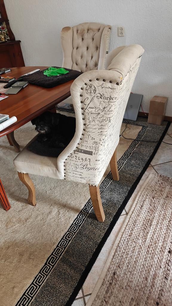 Eettafel stoelen, Huis en Inrichting, Stoelen, Ophalen, Gebruikt, Overige kleuren, Stof linnen ecru gecapitonneerd met oor