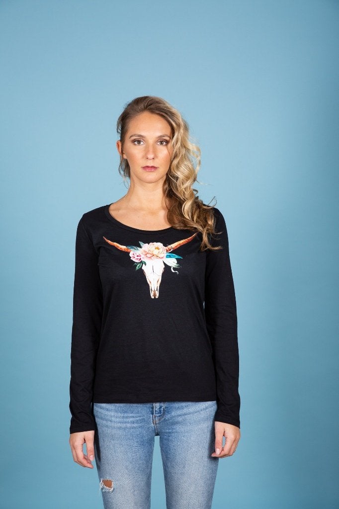 Nieuw zwart dames shirt bull skull bloemen Doqi – maat XL, Zwart, Maat 46/48 (XL) of groter, Nieuw, Lange mouw