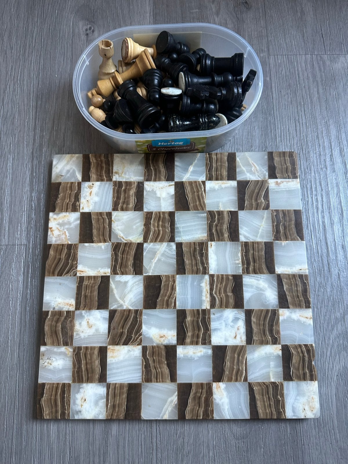 Onyx schaakbord met schaakstukken, Een of twee spelers, Ophalen of Verzenden, Gebruikt