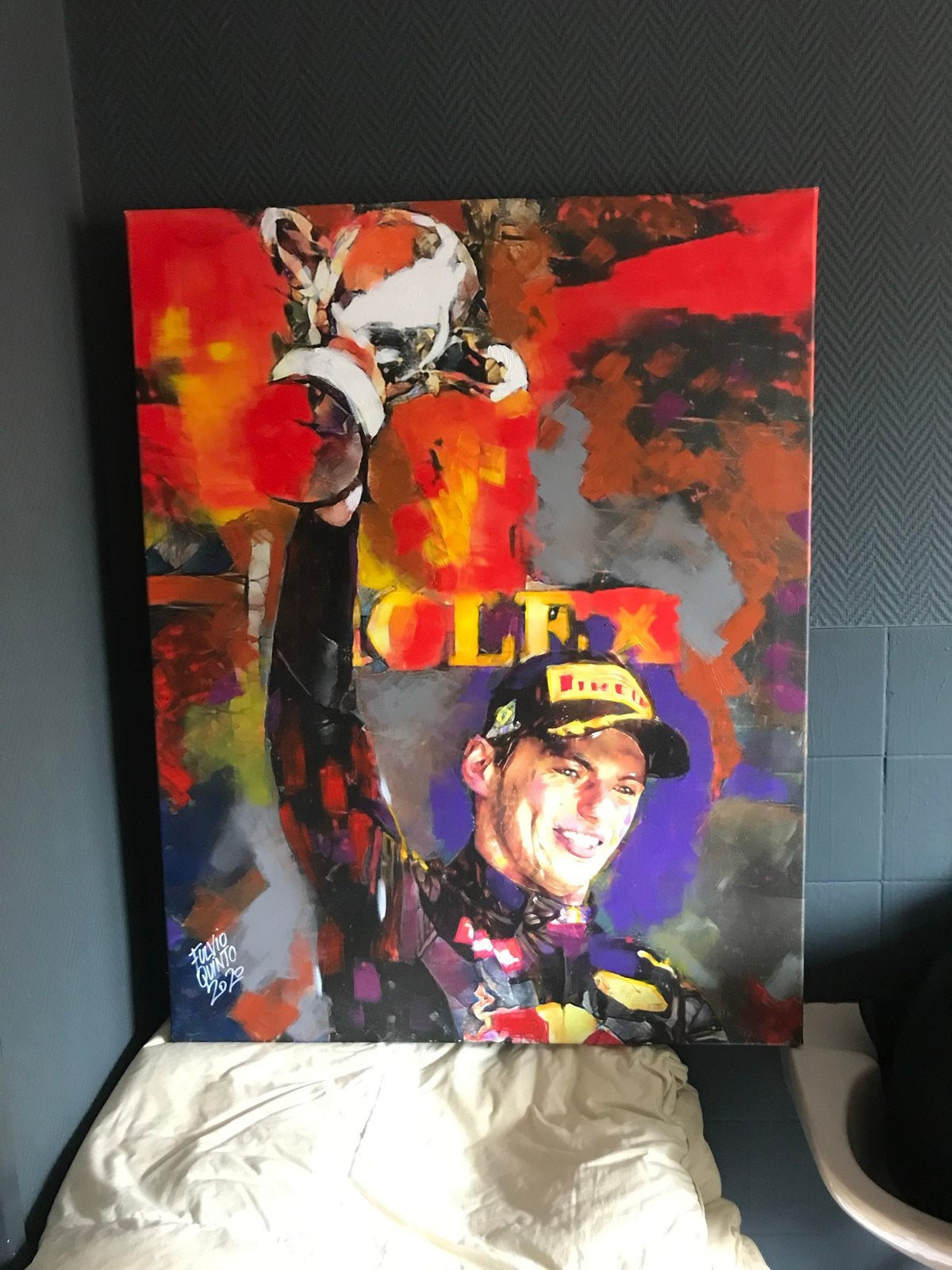 Max Verstappen F1 Kampioen Schilderij - Fulvio Quinto, Acrylverf, Ophalen of Verzenden, Echtheidscertificaat, Portret