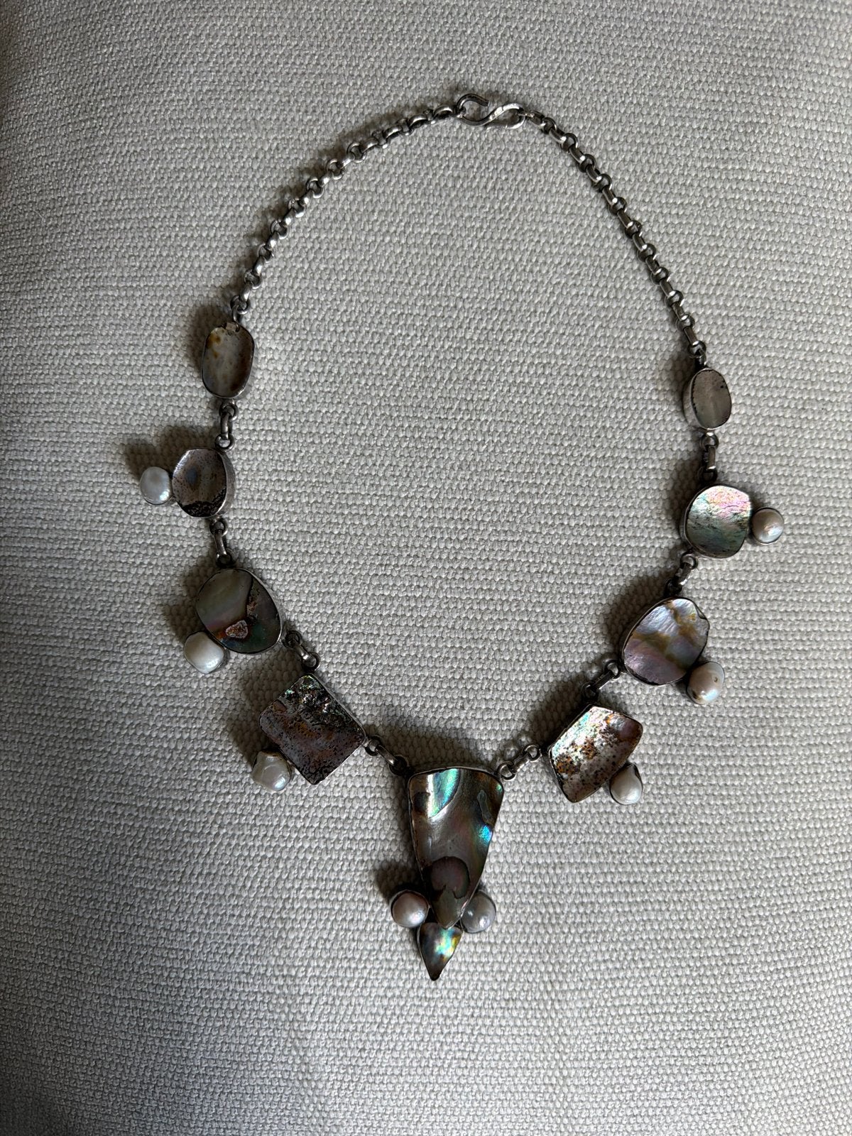 Prachtige Vintage Brutalist Ketting Zilver Abalone & Parels, Ophalen of Verzenden, Zo goed als nieuw, Zilver, Zilver