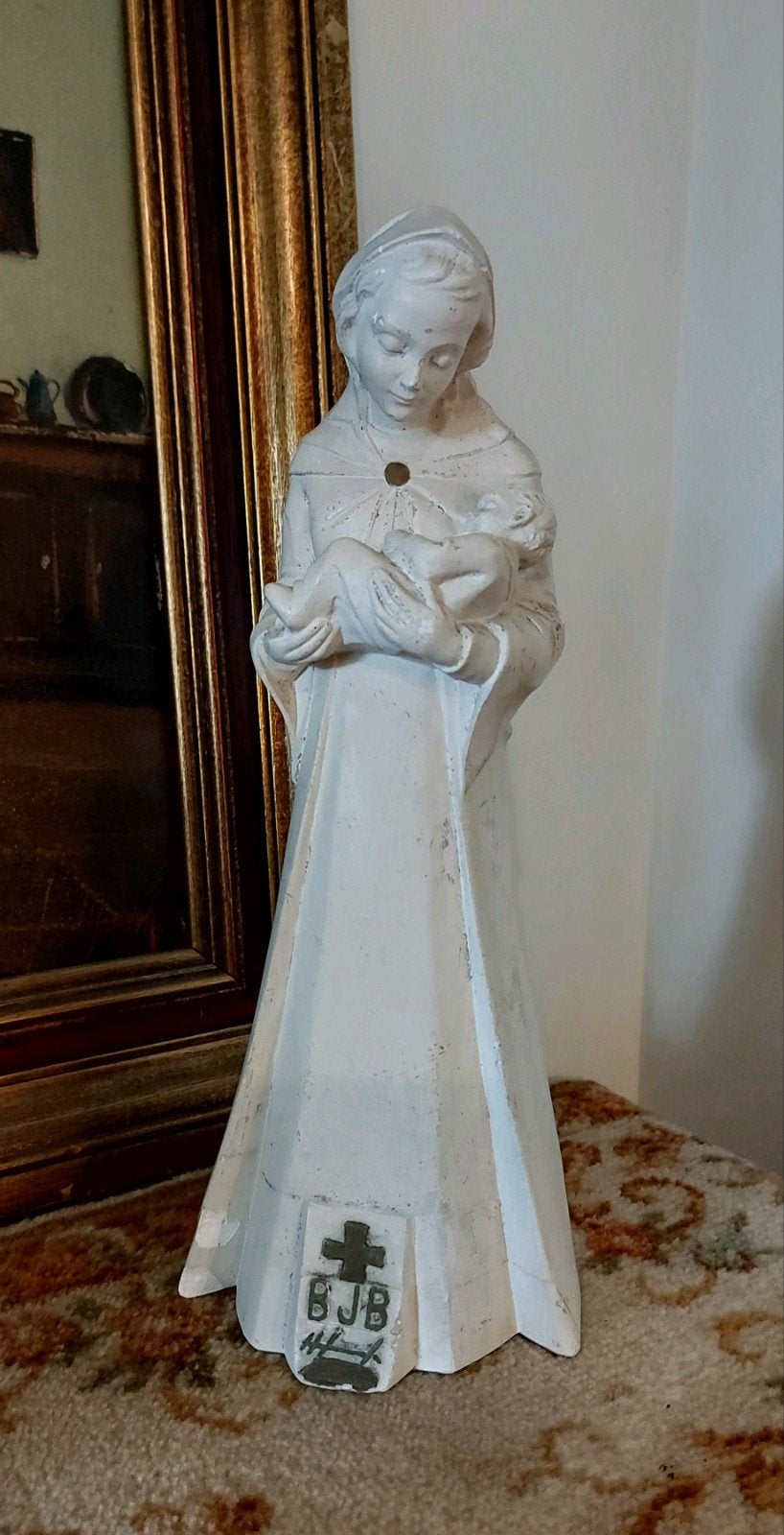 Mooi oud gipsen Mariabeeld Maria met Kindje Jezus op de arm, Ophalen of Verzenden