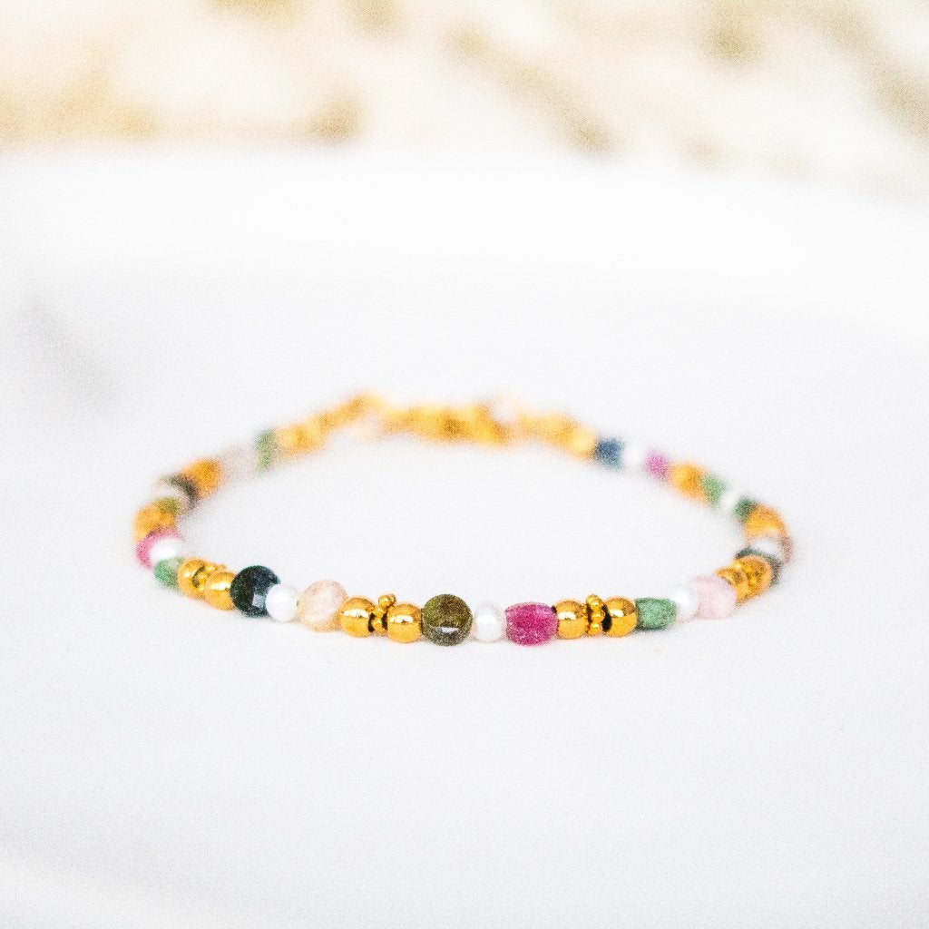 Armband met regenboog toermalijn & zoetwaterparels, Met bedels of kralen, Nieuw, Ophalen of Verzenden, Overige kleuren