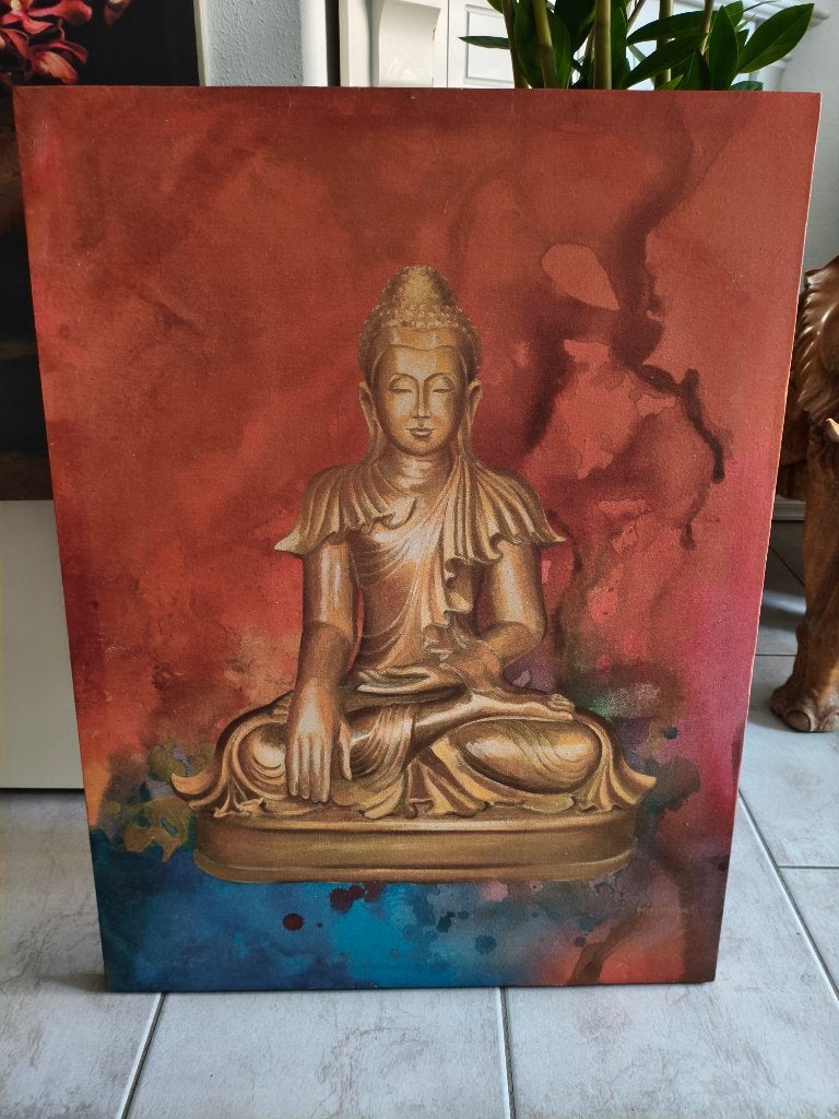 boeddha op canvas/linnen met signatuur mishmash 80x60, Ophalen, Gebruikt, Textiel, Gesigneerd