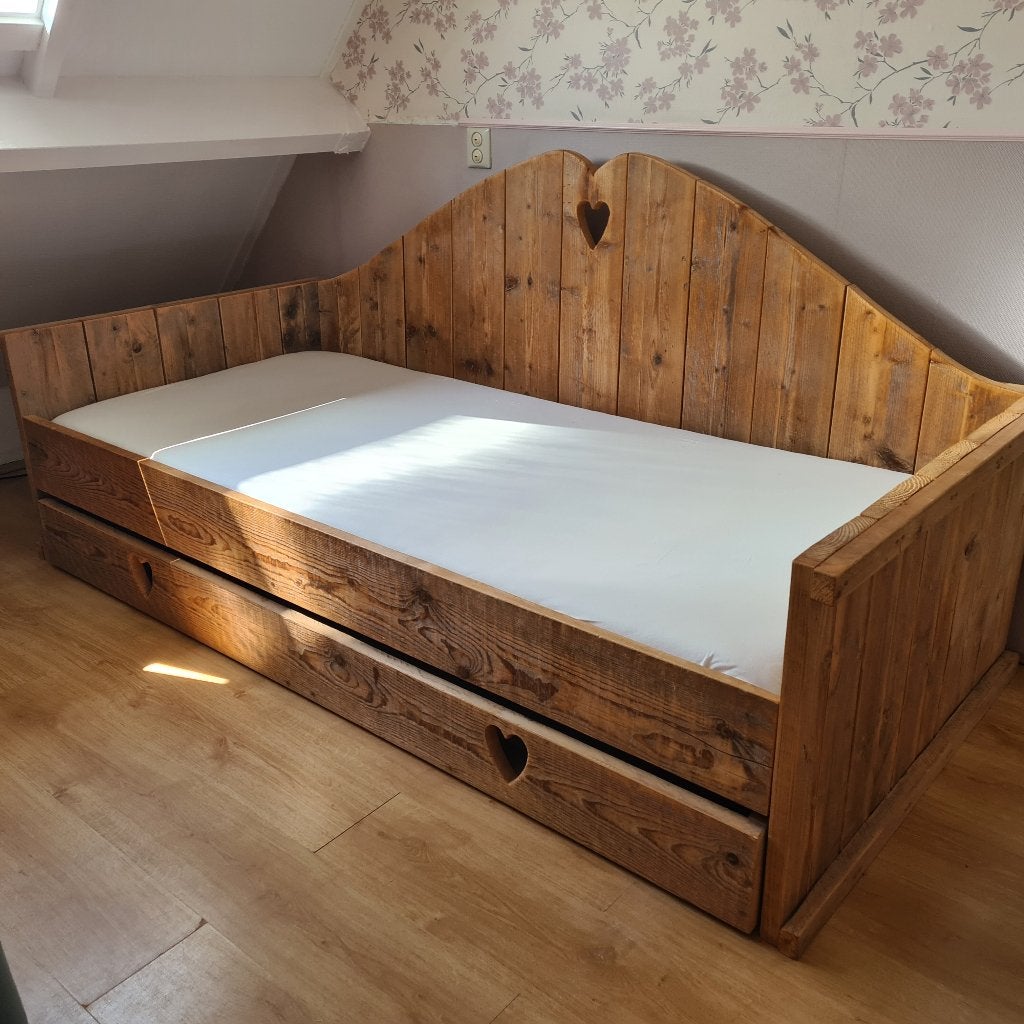 Steigerhouten bed, Ophalen, 90 cm, Eenpersoons, Bruin