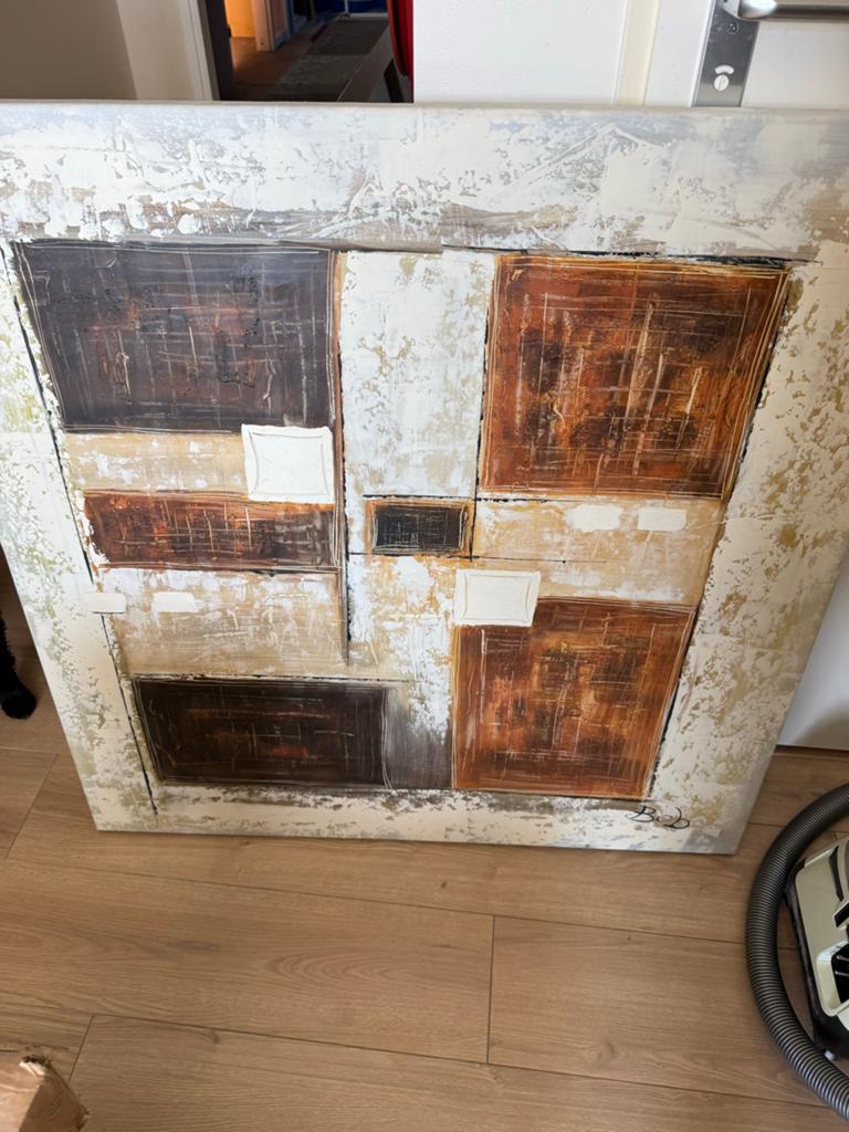 Groot abstract schilderij - Bruin, wit, goud, Ophalen of Verzenden