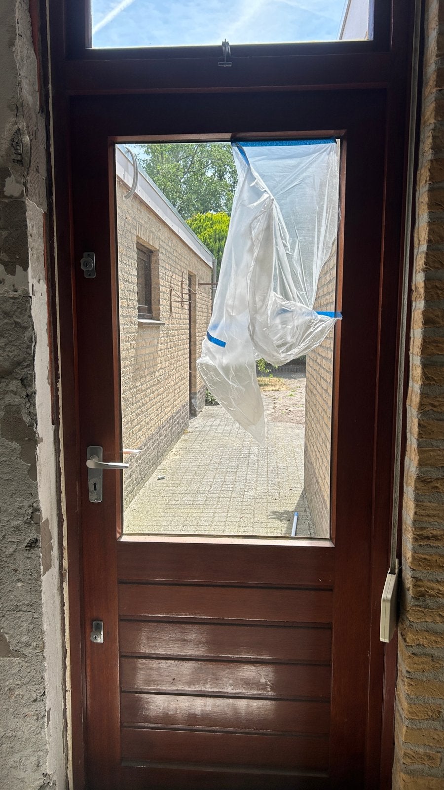 Hardhouten tuindeur met rolluik, Ophalen, Gebruikt, 80 tot 100 cm, Buitendeur