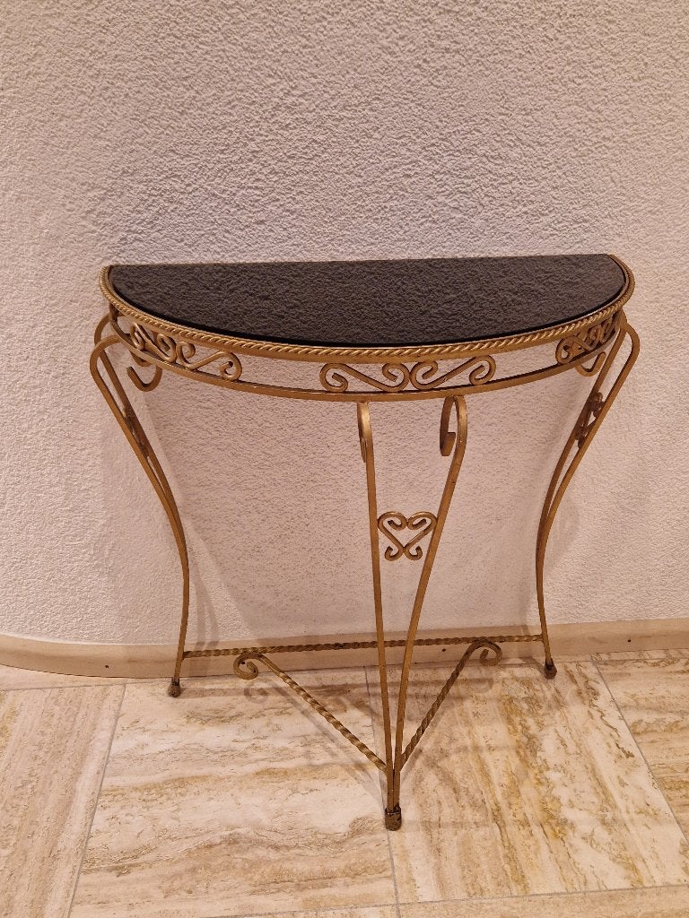 halfronde sidetable goudkl smeedijzeren frame zwart blad, Huis en Inrichting, Ophalen, Gebruikt, Glas, Overige vormen