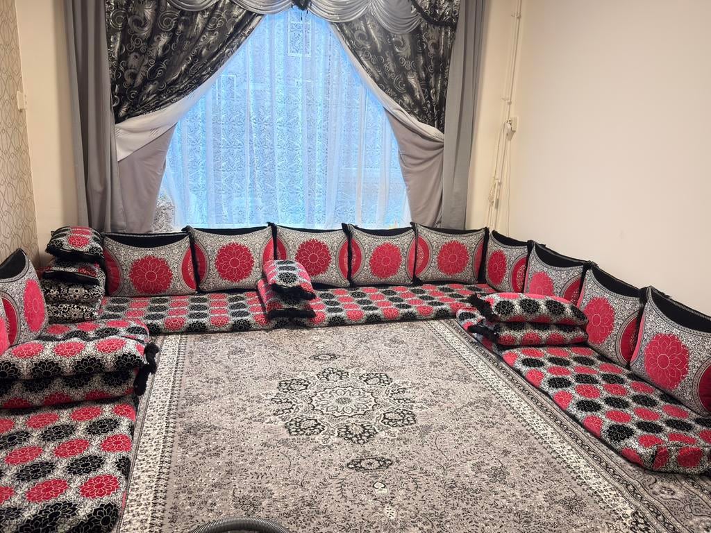 Arabische zithoek (roze/zwart) – complete set, Ophalen, Zo goed als nieuw, Stof