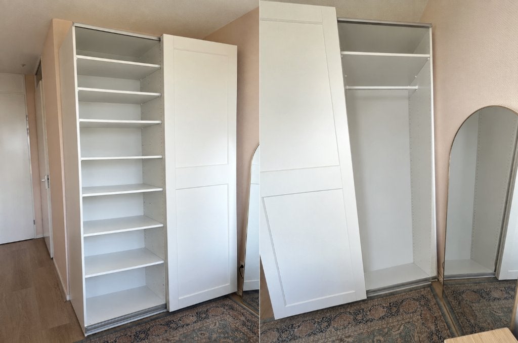 Witte kledingkast met schuifdeuren en planken, Ophalen, Met deur(en), Gebruikt, 200 cm of meer