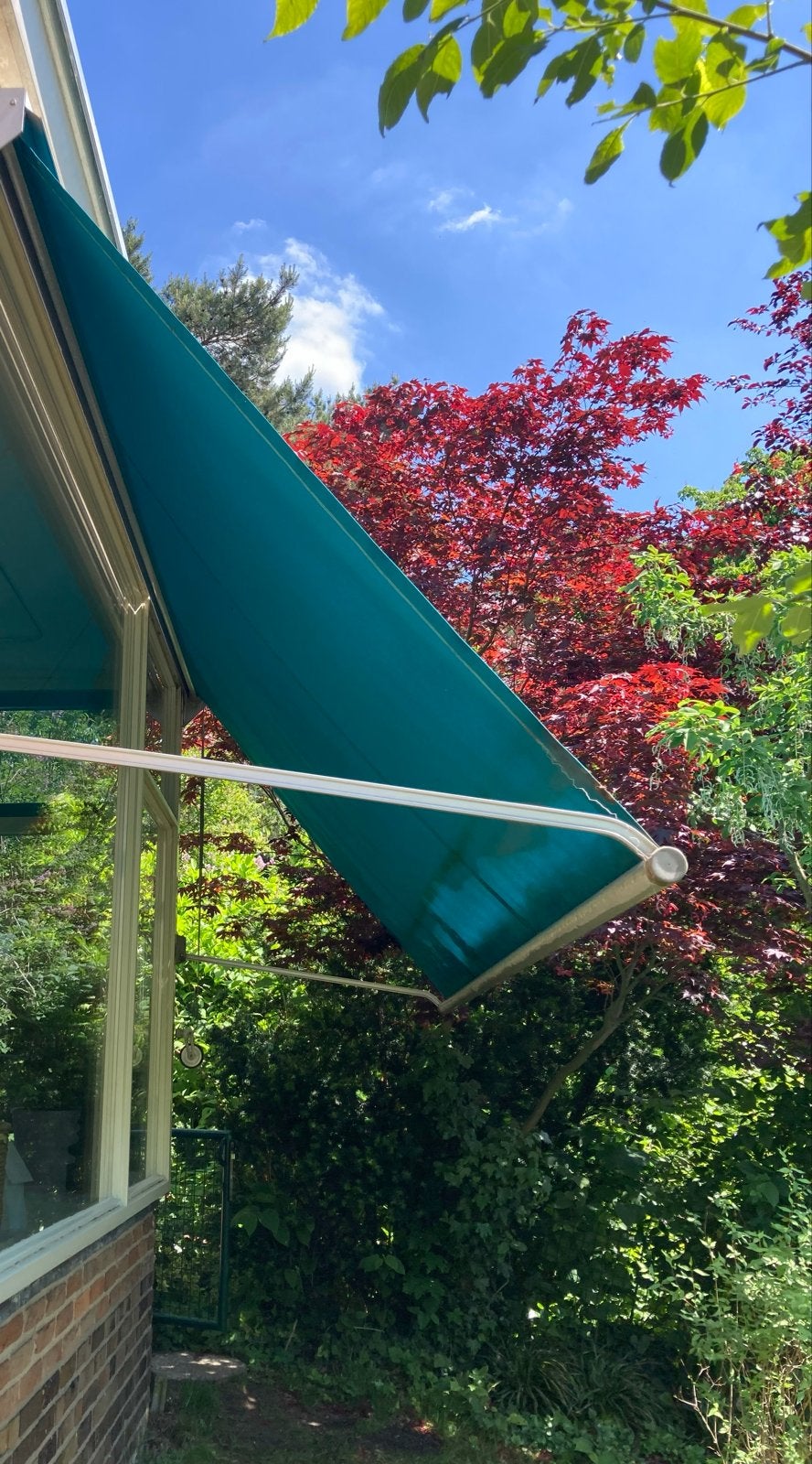 Turquoise uitvalscherm 3.40m breed - Ideaal voor zonwering, Gebruikt, Ophalen of Verzenden, 250 cm tot 450 cm, Uitvalscherm