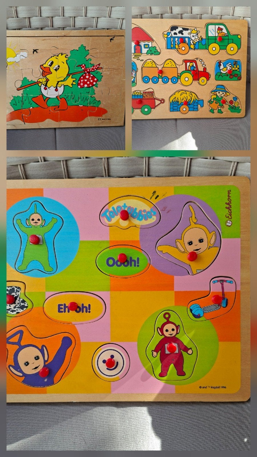3 houten puzzels, o.a.teletubbies., Ophalen of Verzenden, Minder dan 10 stukjes, 6 maanden tot 2 jaar, Van hout