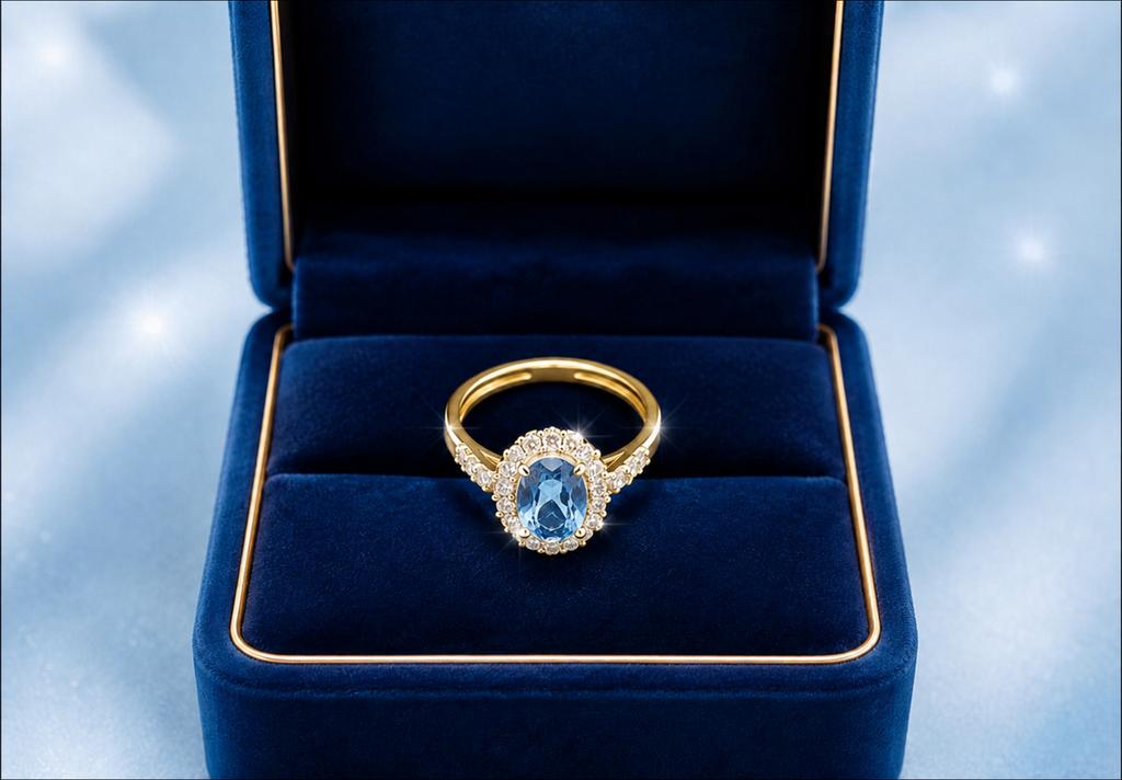 Ring goud met diamanten en topaz, Nieuw, Ophalen of Verzenden, 17 tot 18, Dame