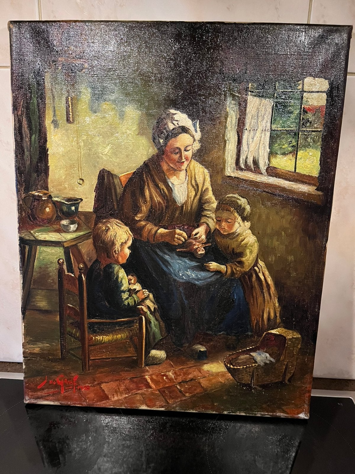 Antiek olieverf schilderij moeder met kinderen, Ophalen