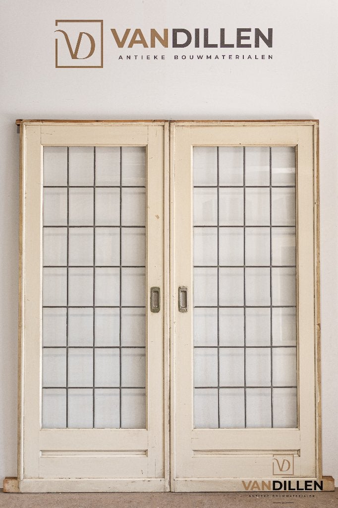 Oude ensuite schuifdeuren met glas in lood 201.5 x 146, 120 cm of meer, Binnendeur, Ophalen of Verzenden, Zo goed als nieuw
