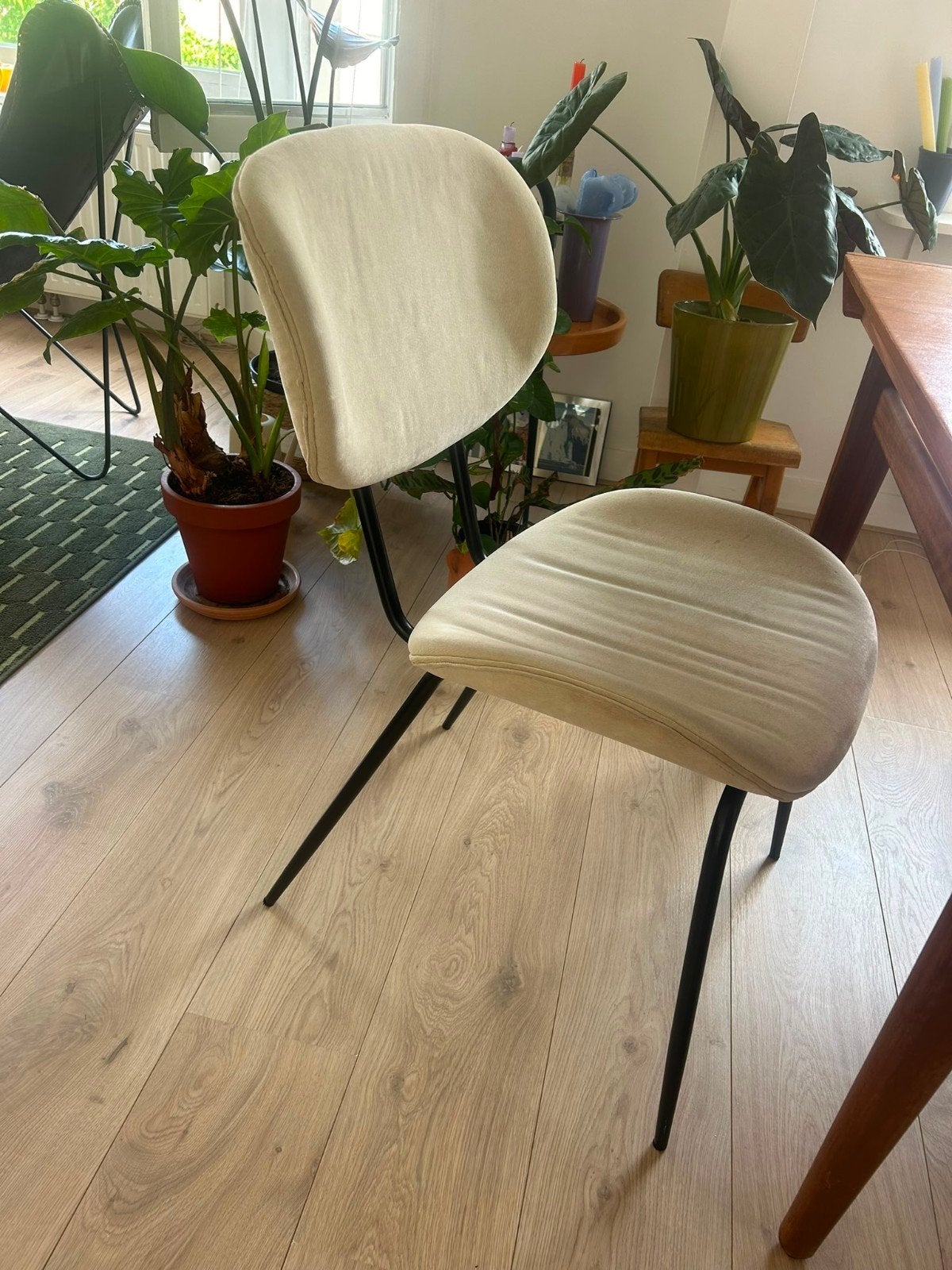 4x HK Design eetkamerstoelen – crèmekleurig fluweel, Ophalen, Gebruikt, Overige kleuren, Modern, Scandinavisch