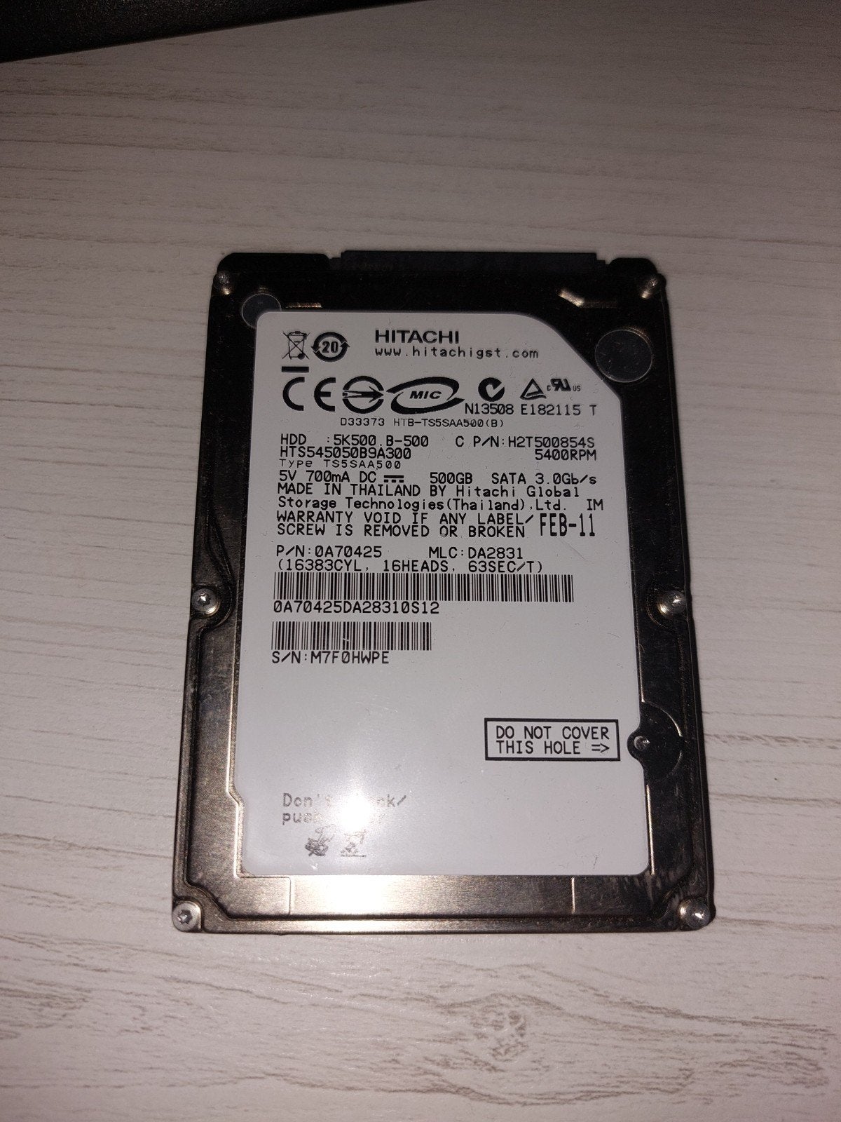 Hitachi 500GB SATA HDD 5400RPM voor Laptop/Desktop, Ophalen, Intern, Gebruikt, Server